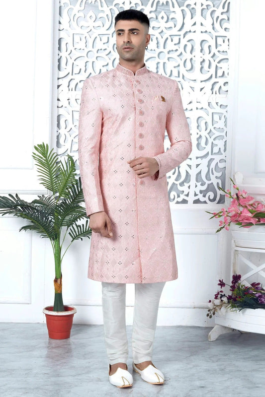 Baby Pink Colour Art Silk Sherwani With Churidar Pant SH1230058