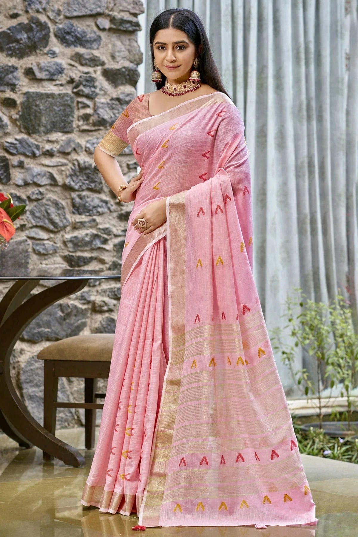 Baby Pink Colour Cotton Woven Work Traditional Saree SD1103105
