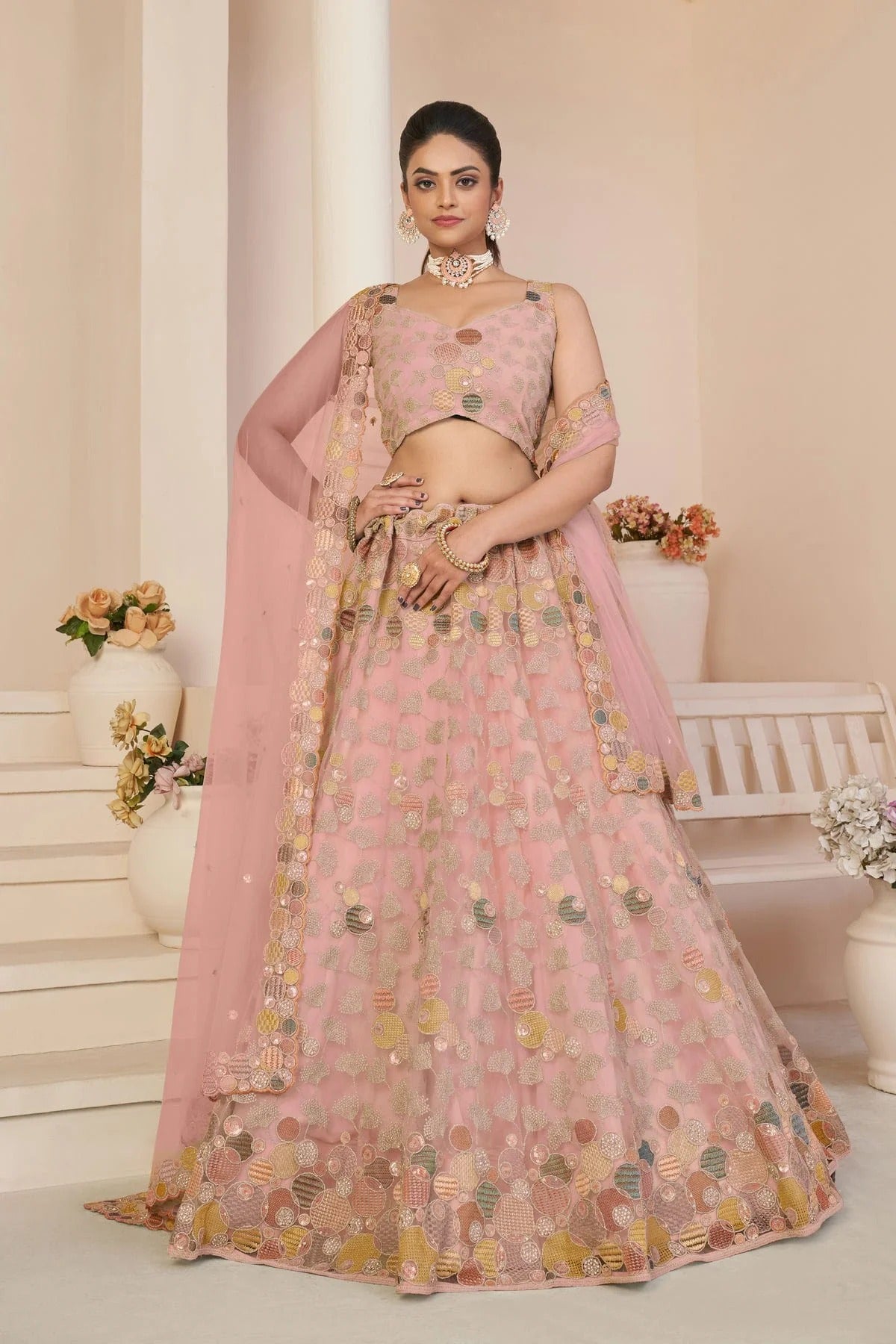 Baby Pink Colour Embroidery Net Lehenga Choli LD1080851