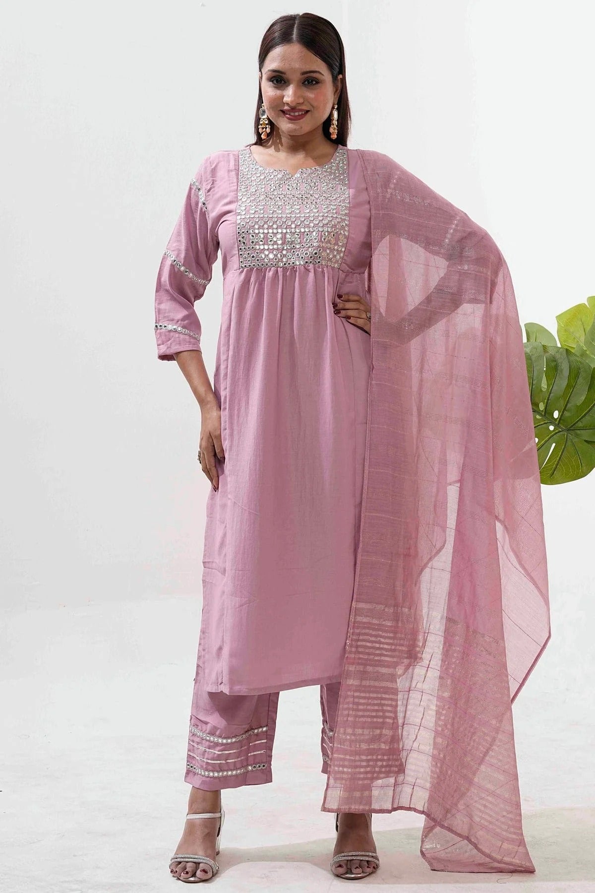 Baby Pink Colour Embroidery Roman Silk Pant Style Suit SS1113522