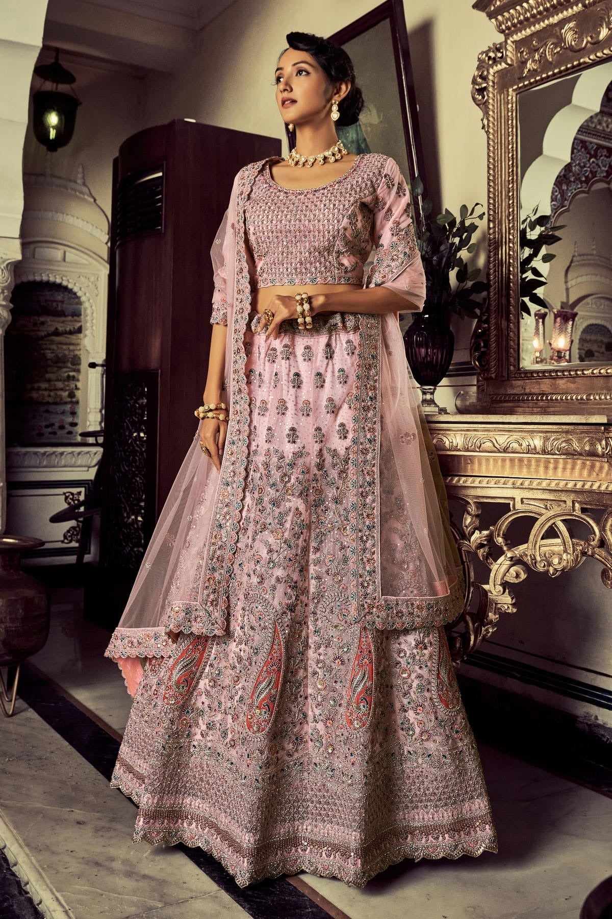 Baby Pink Colour Embroidery Soft Net Lehenga Choli LD1080715