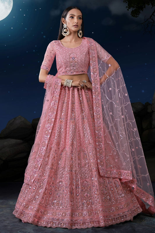 Baby Pink Colour Embroidery Soft Net Lehenga Choli LD1080721