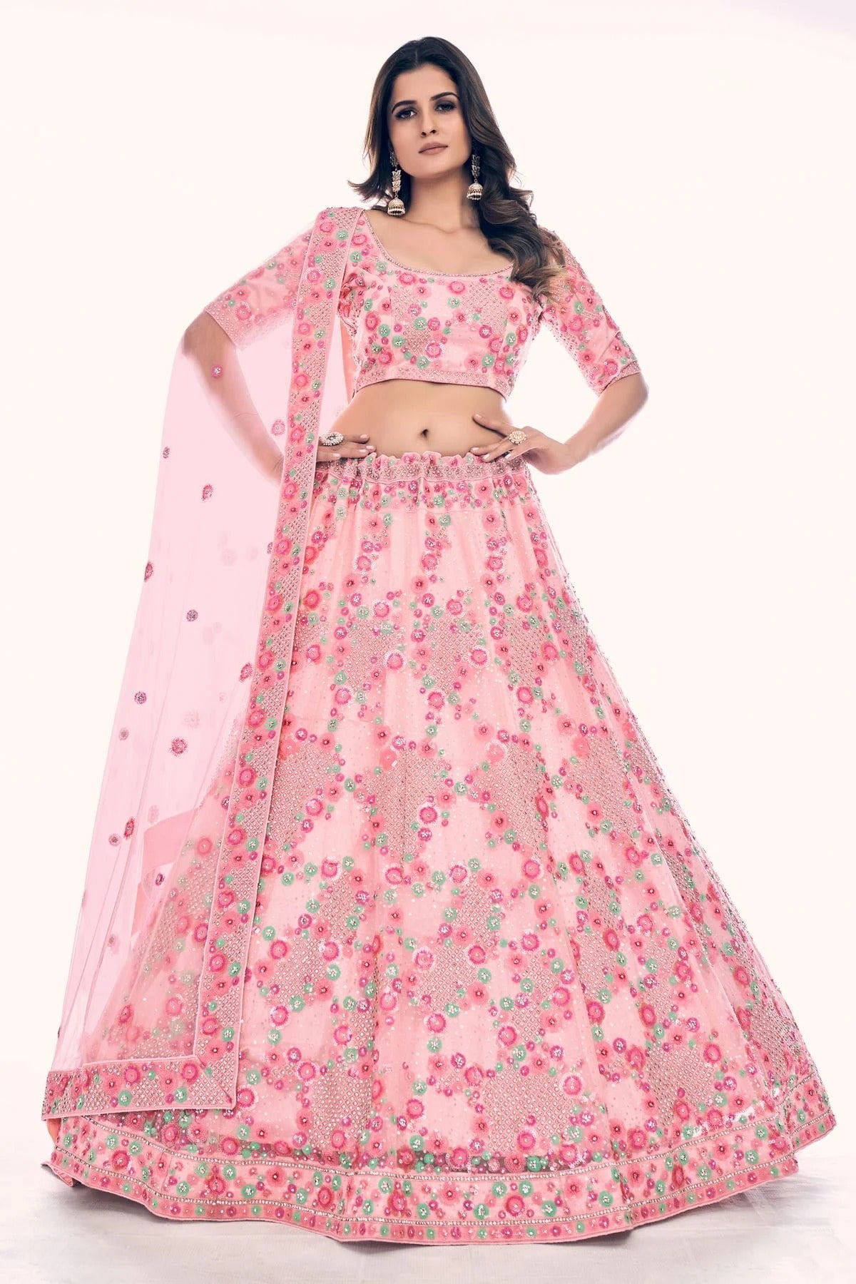 Baby Pink Colour Embroidery Soft Net Lehenga Choli LD1080753