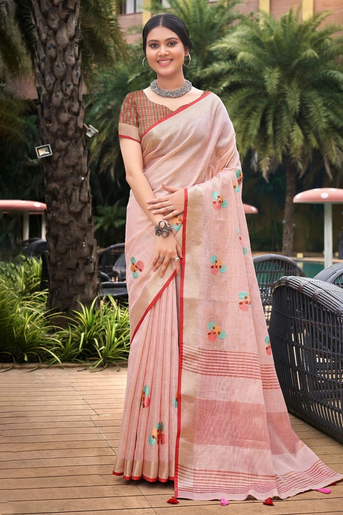 Baby Pink Colour Embroidery Work Linen Saree SD1101527