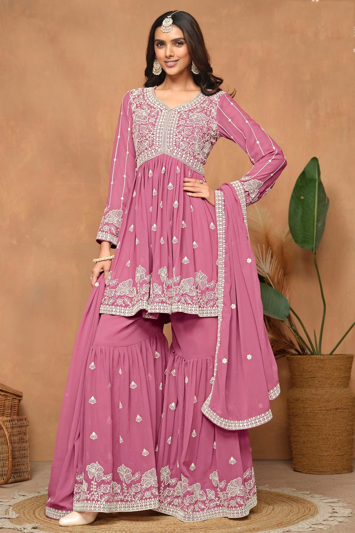 Baby Pink Colour Faux Georgette Sharara Suit SM1050552