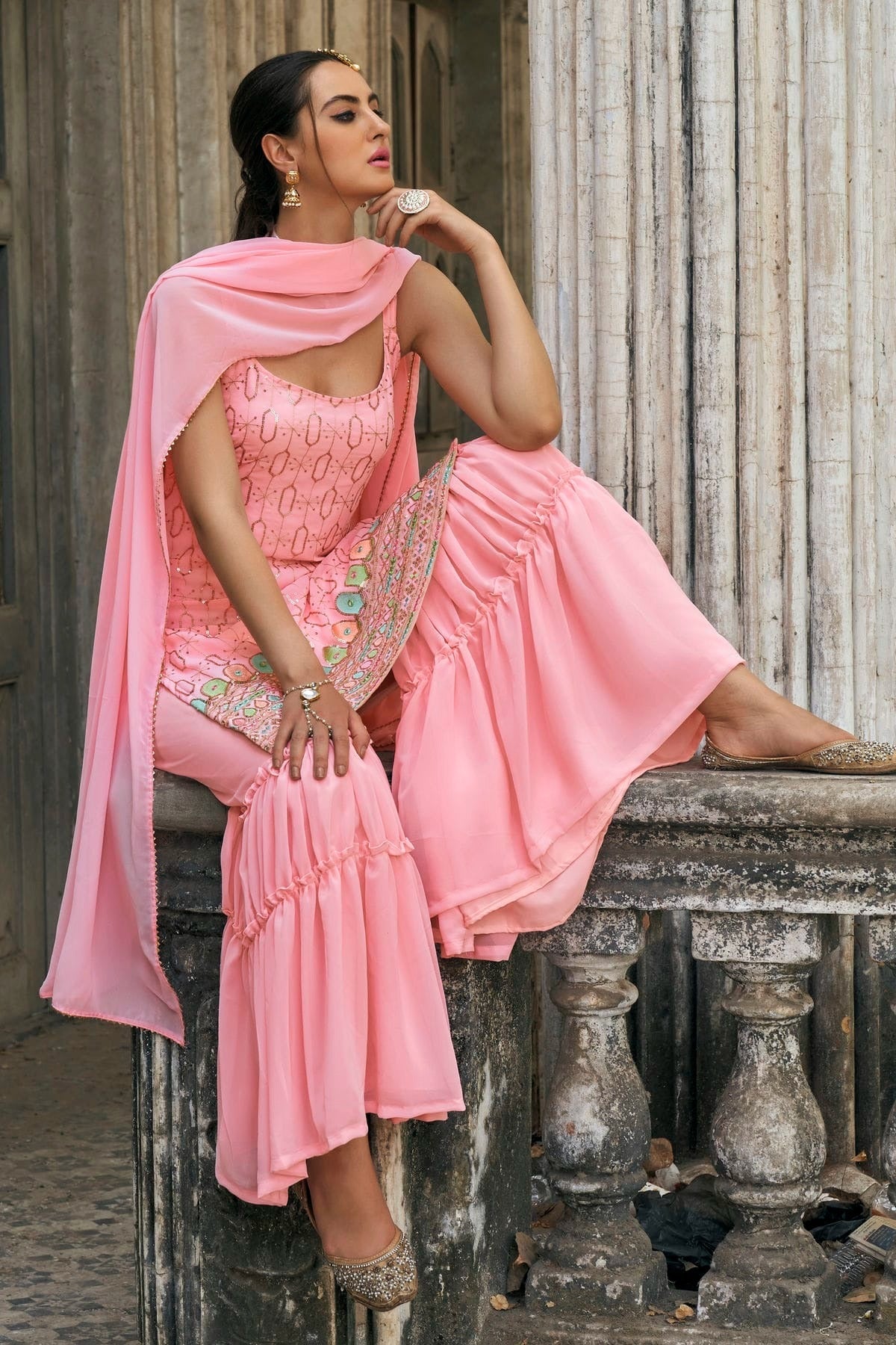 Baby Pink Colour Faux Georgette Sharara Suit SM1140045 A