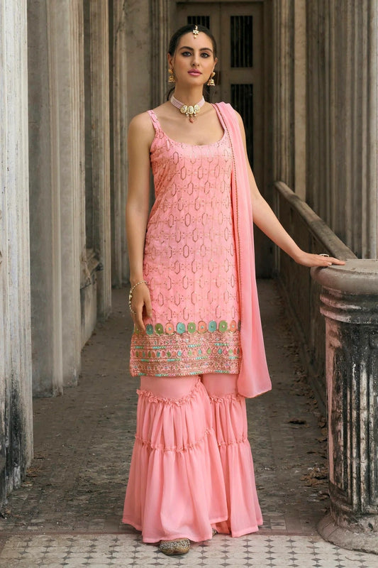 Baby Pink Colour Faux Georgette Sharara Suit SM1140045