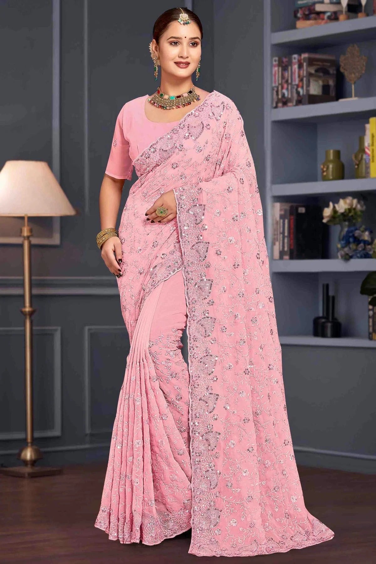 Baby Pink Colour Georgette Embroidery Work Designer Saree SD1091250
