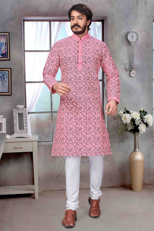 Baby Pink Colour Kurta Pajama In Jacquard Silk KP1210069