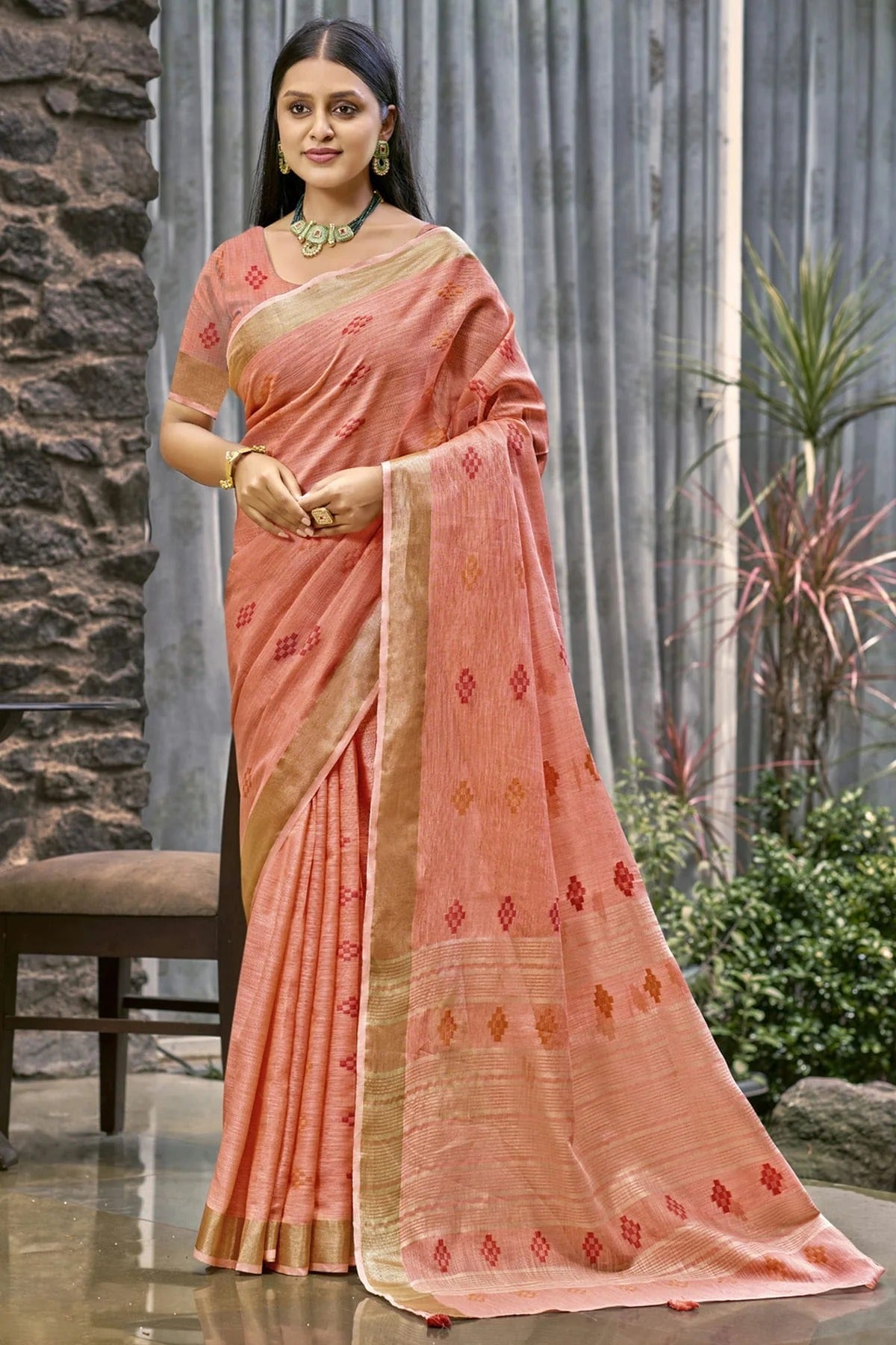 Baby Pink Colour Linen Woven Work Traditional Saree SD1103139