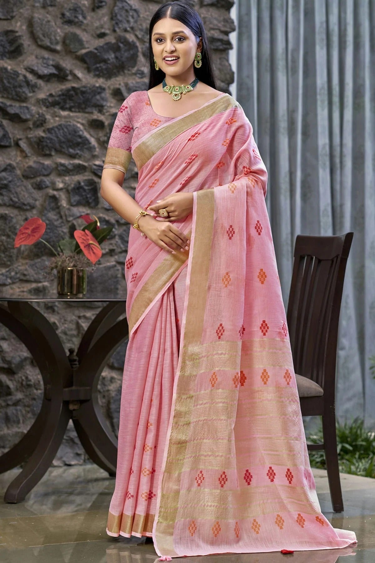 Baby Pink Colour Linen Woven Work Traditional Saree SD1103141