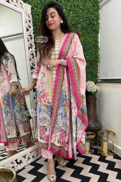 Baby Pink Colour Muslin Cotton Stitched Pant Style Suit SS1140940