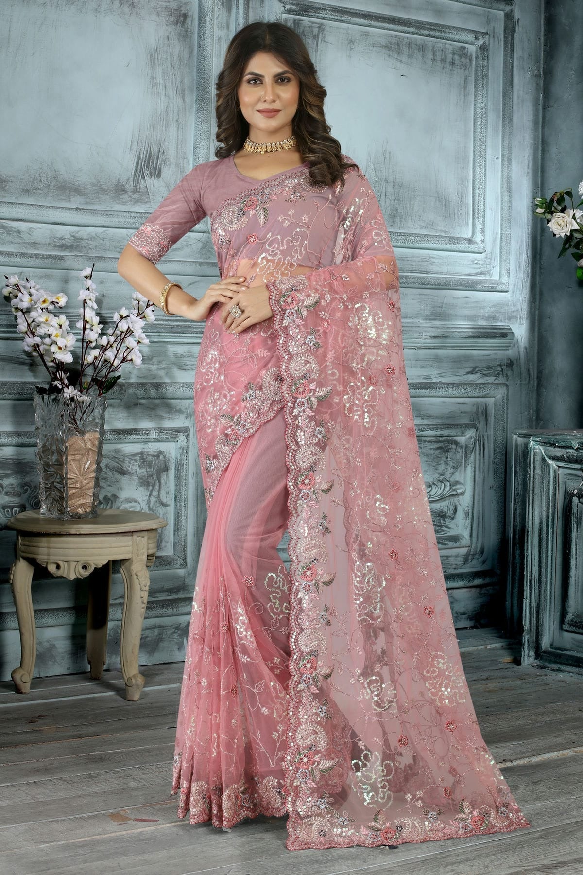 Baby Pink Colour Net Designer Saree LC1121412