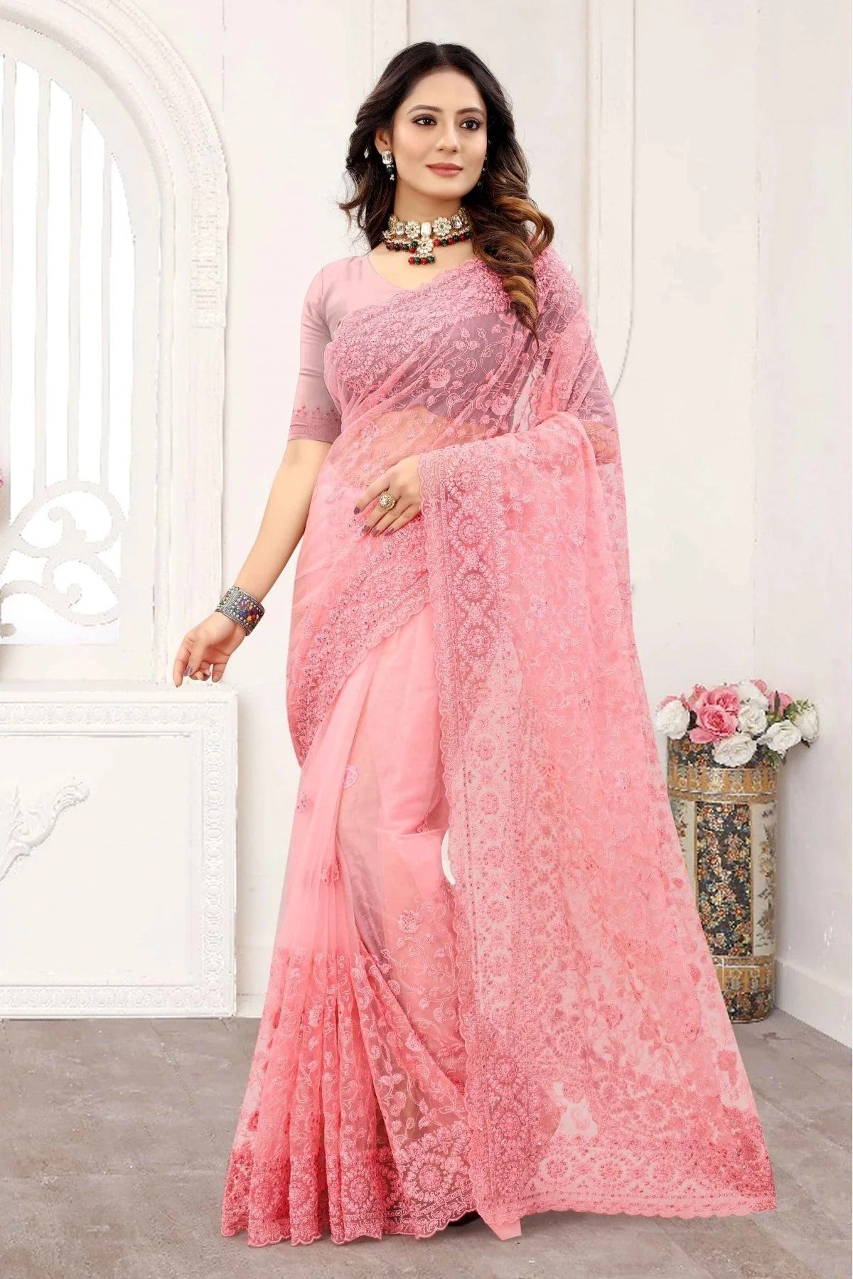 Baby Pink Colour Net Designer Saree SD1090243
