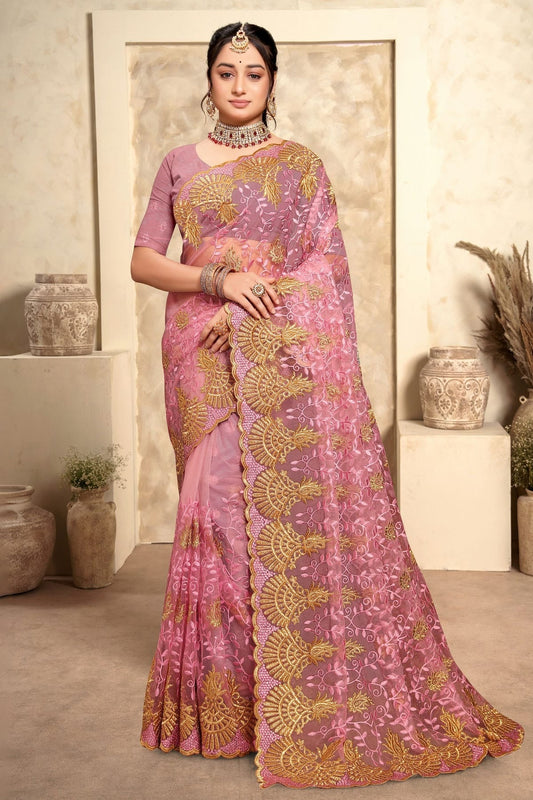 Baby Pink Colour Net Saree SD1090986