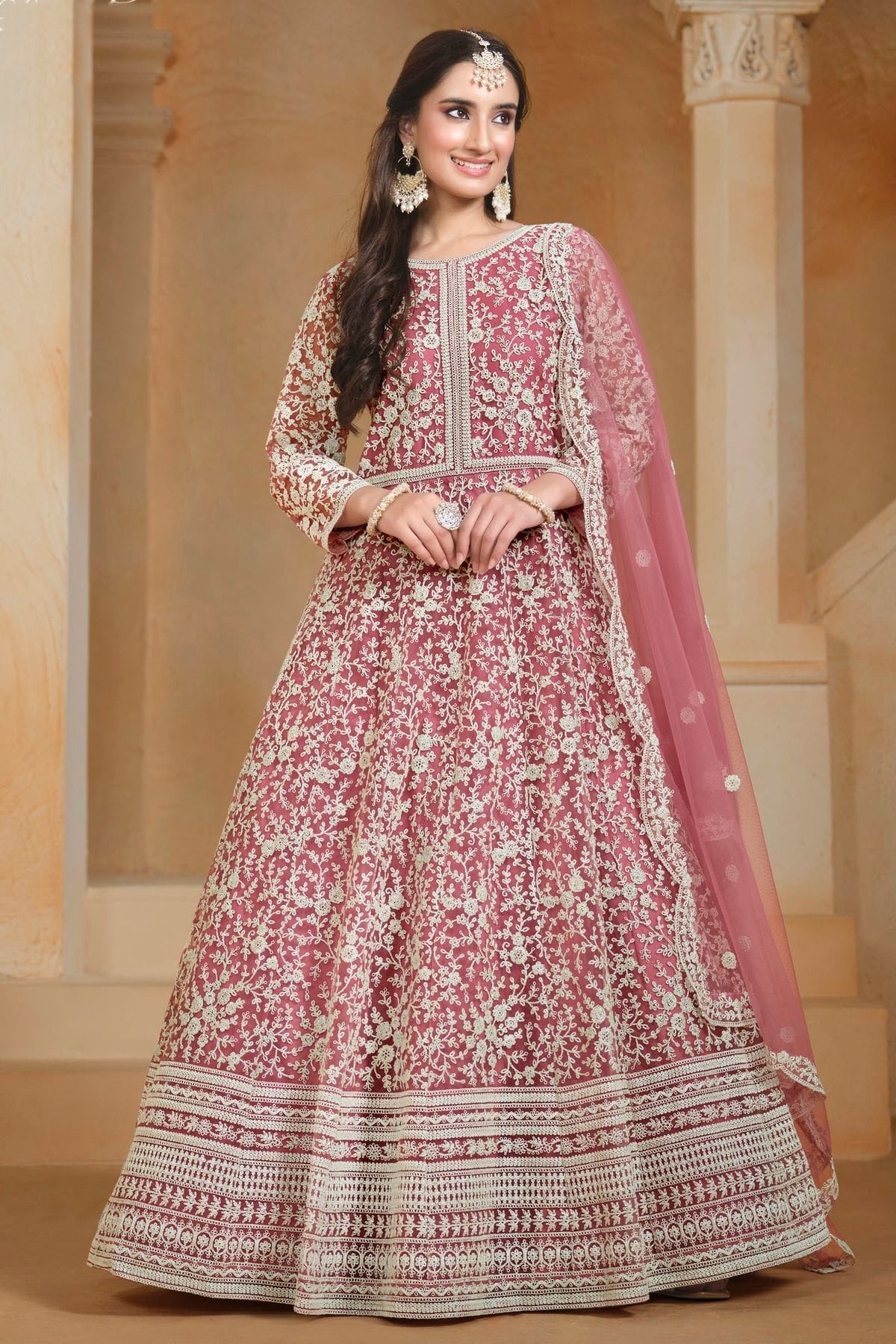 Baby Pink Colour Net Semi Stitched Anarkali Suit SM1050621
