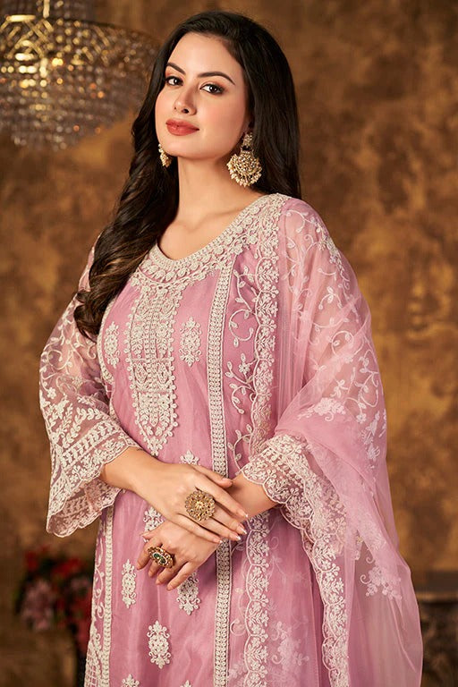 Baby Pink Colour Net Semi Stitched Palazzo Pant Suit SM1050337 A