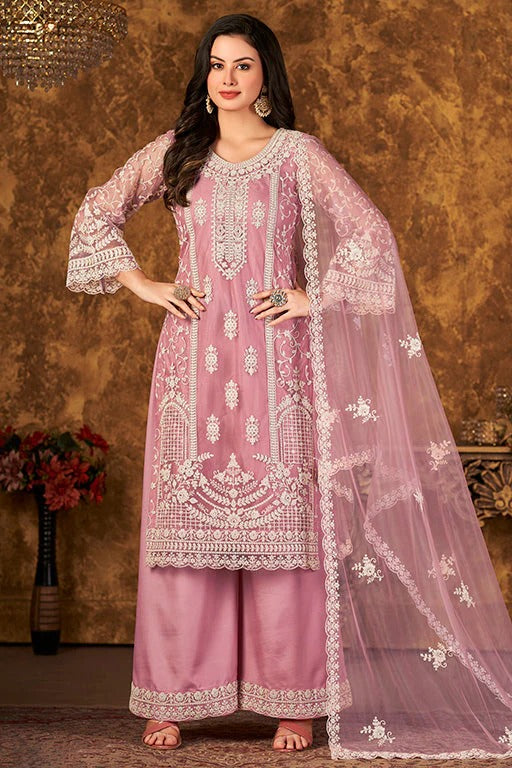 Baby Pink Colour Net Semi Stitched Palazzo Pant Suit SM1050337