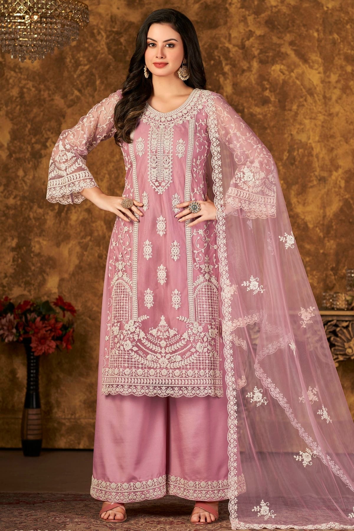 Baby Pink Colour Plazoo Pant Suit Net Semi Stitched SM1050528