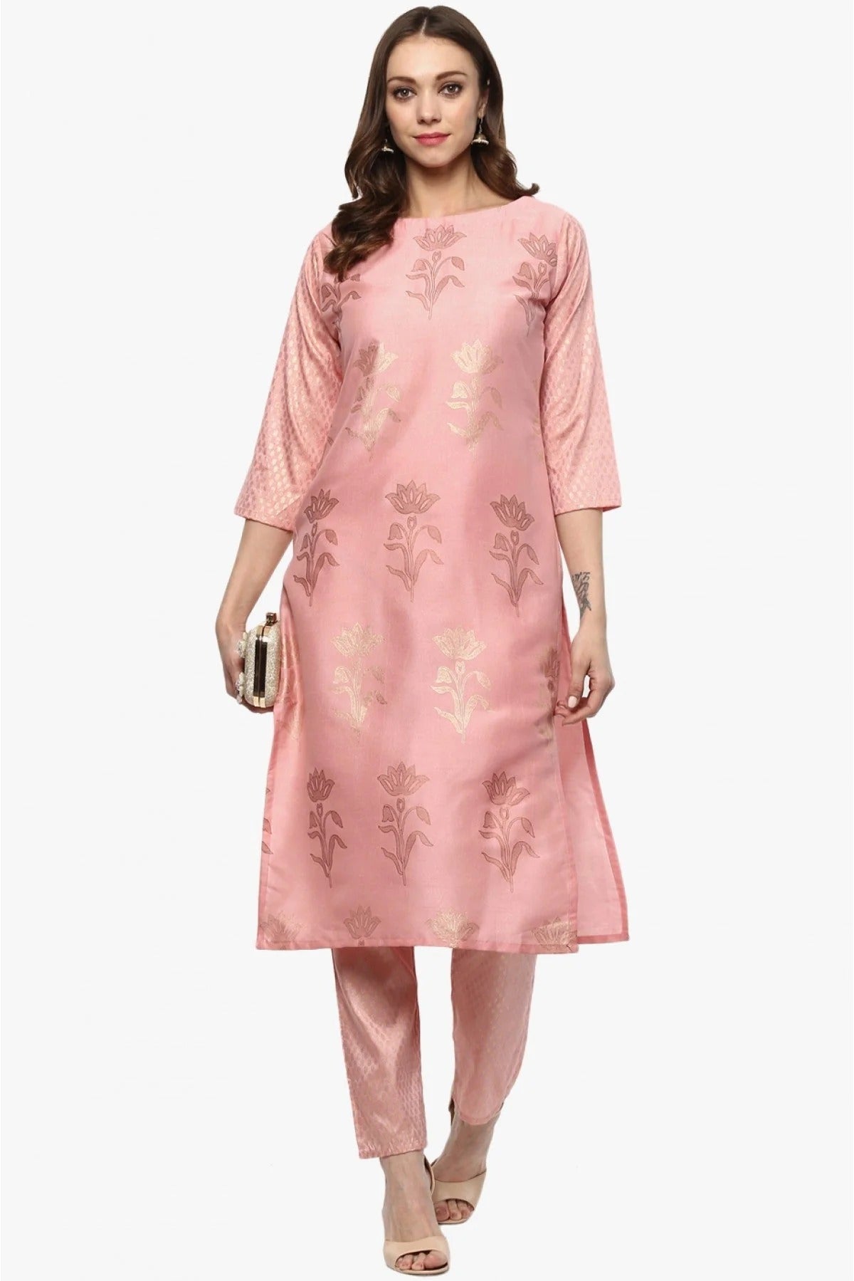 Baby Pink Colour Plus Size Poly Silk Straight Kurta With Pant KR1060132