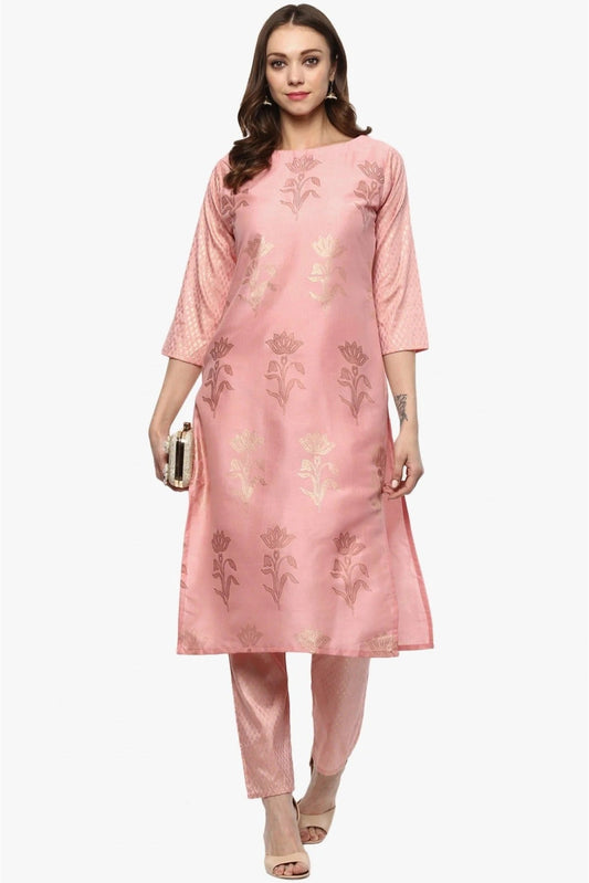 Baby Pink Colour Plus Size Poly Silk Straight Kurta With Pant KR1060132