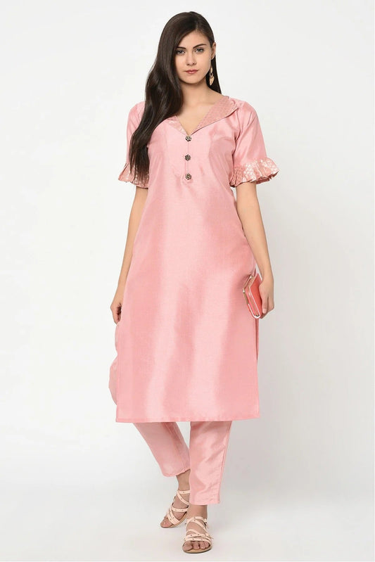 Baby Pink Colour Plus Size Poly Silk Straight Kurta With Pant KR1060133
