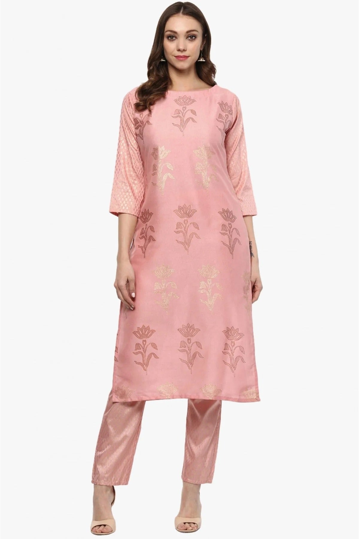 Baby Pink Colour Plus Size Poly Silk Straight Kurti KR1060208 A