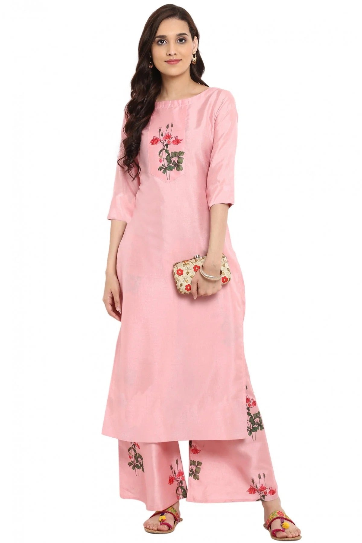 Baby Pink Colour Plus Size Poly Silk Straight Kurti KR1060209