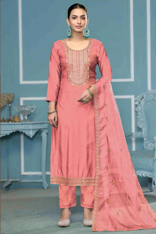 Baby Pink Colour Roman Cotton Pant Style Suit SM1113261
