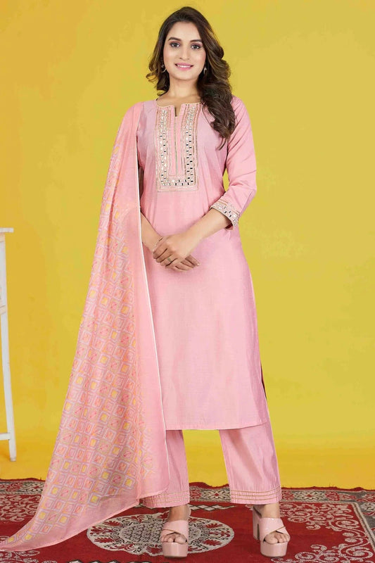 Baby Pink Colour Roman Silk Stitched Pant Style Suit SS1140959