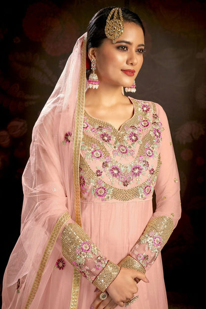 Baby Pink Colour Semi Stitched Butterfly Net Anarkali Suit SM1140147 A