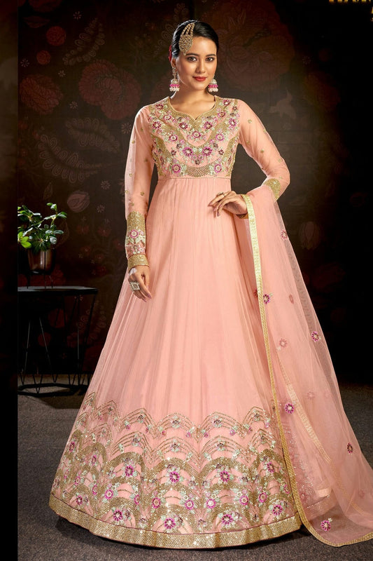 Baby Pink Colour Semi Stitched Butterfly Net Anarkali Suit SM1140147
