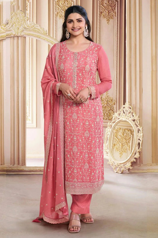 Baby Pink Colour Semi Stitched Chinon Silk Pant Style Suit SM1140214