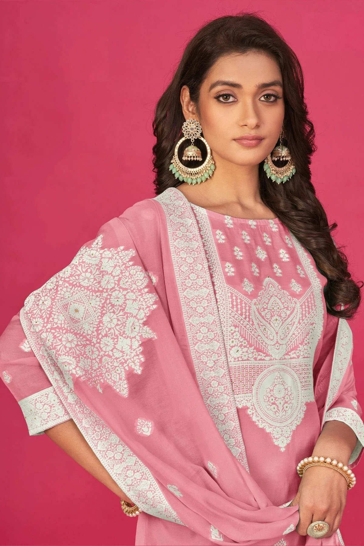 Baby Pink Colour Semi Stitched Jacquard Straight Suit SM1140193 A