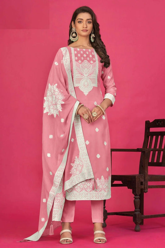 Baby Pink Colour Semi Stitched Jacquard Straight Suit SM1140193