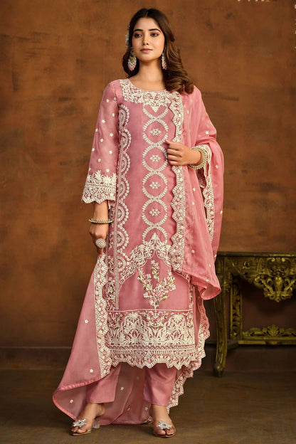 Baby Pink Colour Semi Stitched Organza Pant Style Suit SM1050435 A