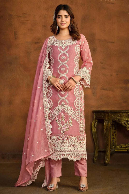 Baby Pink Colour Semi Stitched Organza Pant Style Suit SM1050435
