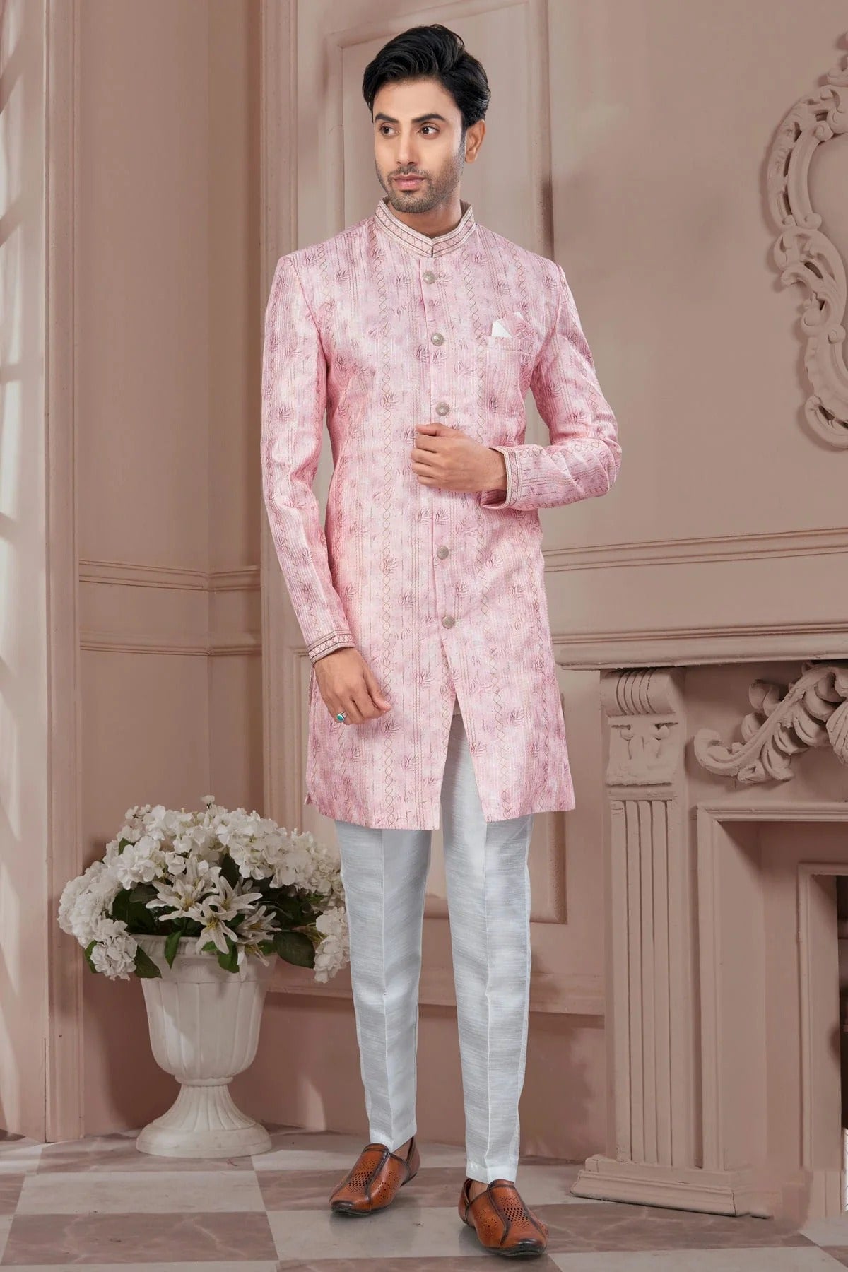 Baby Pink Colour Silk Dupion Sherwani SH1040617