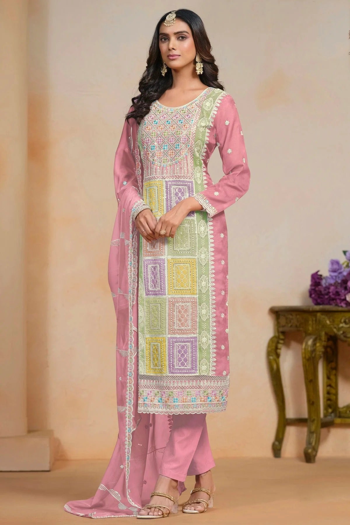 Baby Pink Colour Soft Organza Semi Stitched Pant Style Suit SM1050620 A