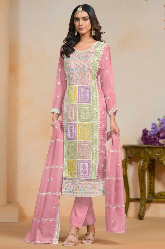 Baby Pink Colour Soft Organza Semi Stitched Pant Style Suit SM1050620