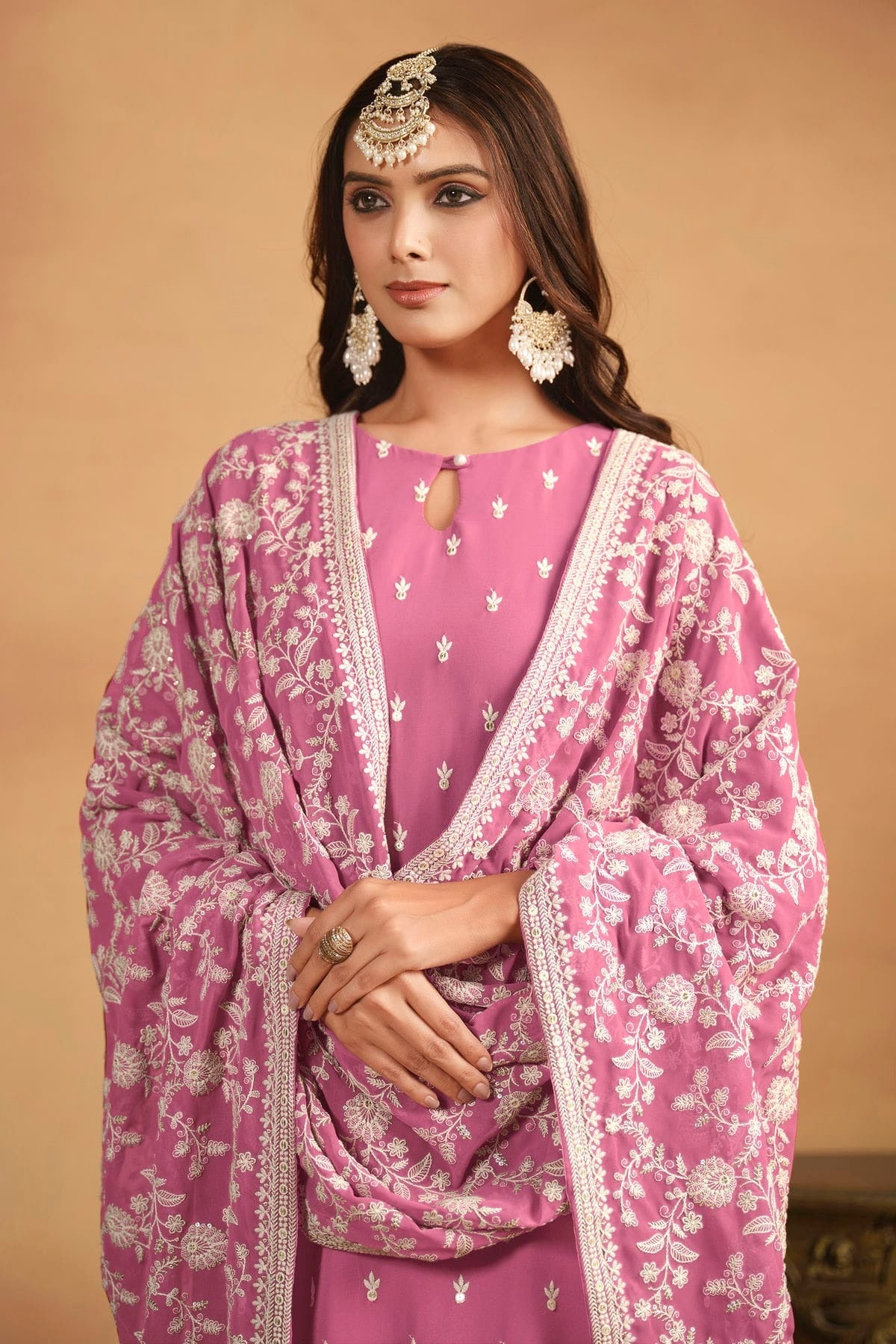 Baby Pink Colour Straight Suit Faux Georgette Semi Stitched SM1050485 A