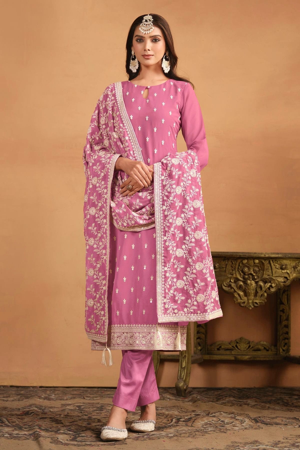 Baby Pink Colour Straight Suit Faux Georgette Semi Stitched SM1050485