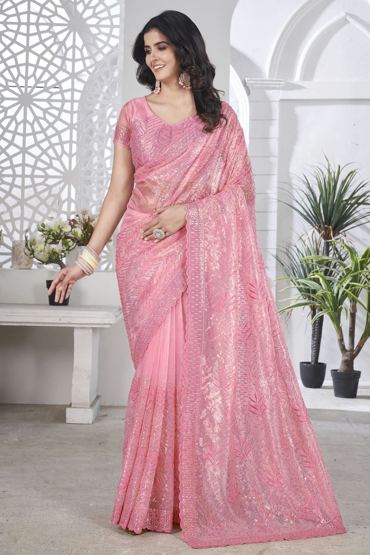 Baby Pink Colour Tissue Net Designer Saree SD1112578