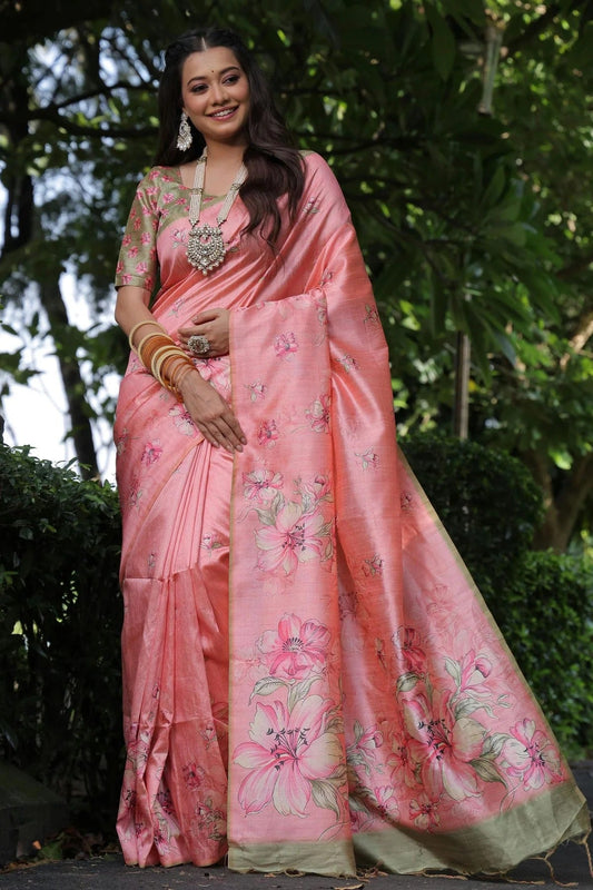 Baby Pink Colour Tussar Silk Digital Printed Saree SD1290026