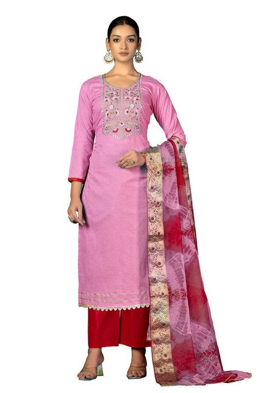 Baby Pink Colour Unstitched Cambric Cotton Fabric Straight Suit US1161018