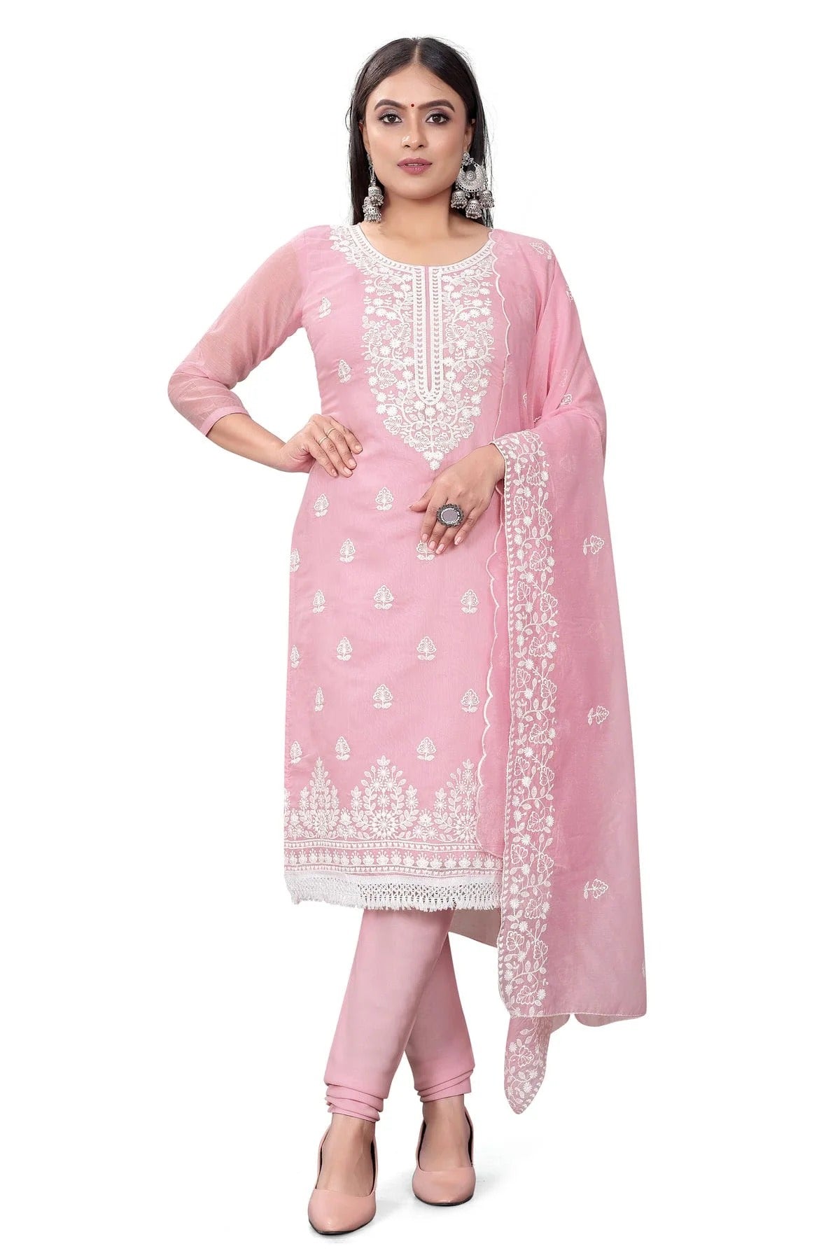 Baby Pink Colour Unstitched Chanderi Cotton Churidar Suit US1160691