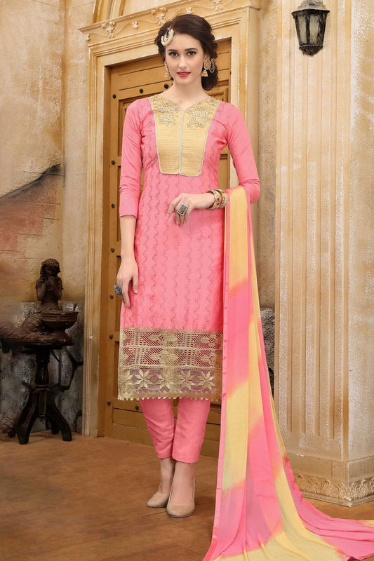 Baby Pink Colour Unstitched Cotton Straight Suit US1161092
