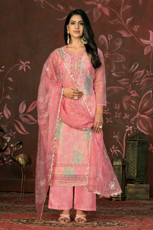 Baby Pink Colour Unstitched Organza Pant Style Suit US1161246
