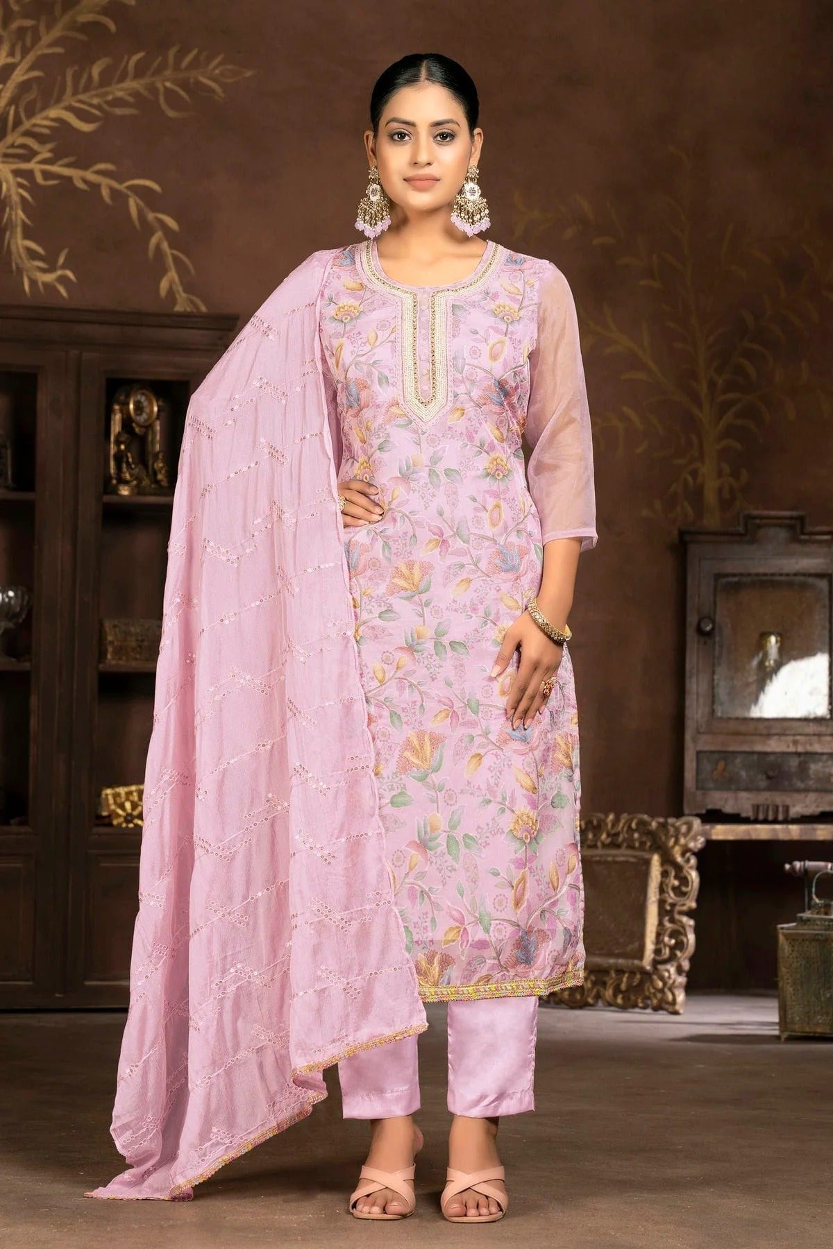 Baby Pink Colour Unstitched Organza Pant Style Suit US1161338