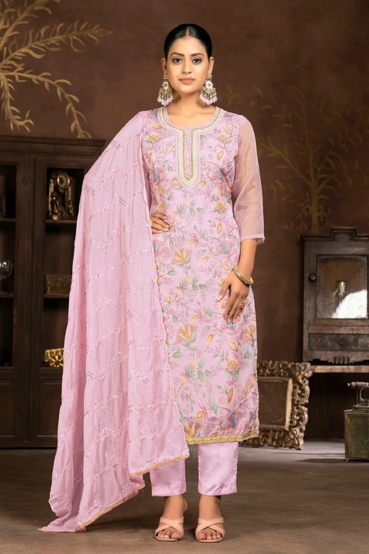 Baby Pink Colour Unstitched Organza Pant Style Suit US1161338